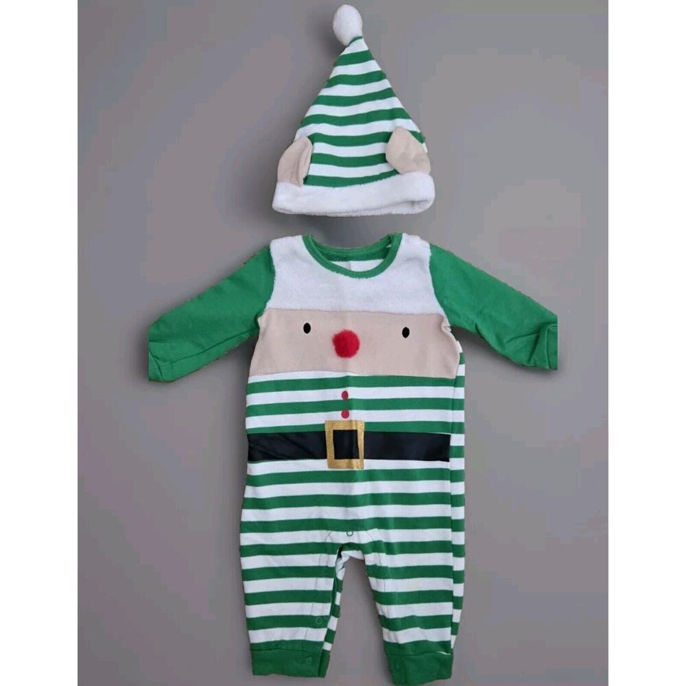 Holiday‎ Time Elf Romper Infant Outfit w/ Hat 6-9 Months Green White Stripes